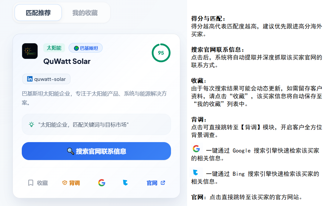 客户获取：匹配推荐列表、得分、搜索联系方式、收藏与背调入口